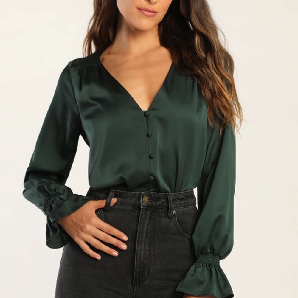 Lulus Essential Chic Dark Green Satin Long Sleeve Button-up Top - Size S